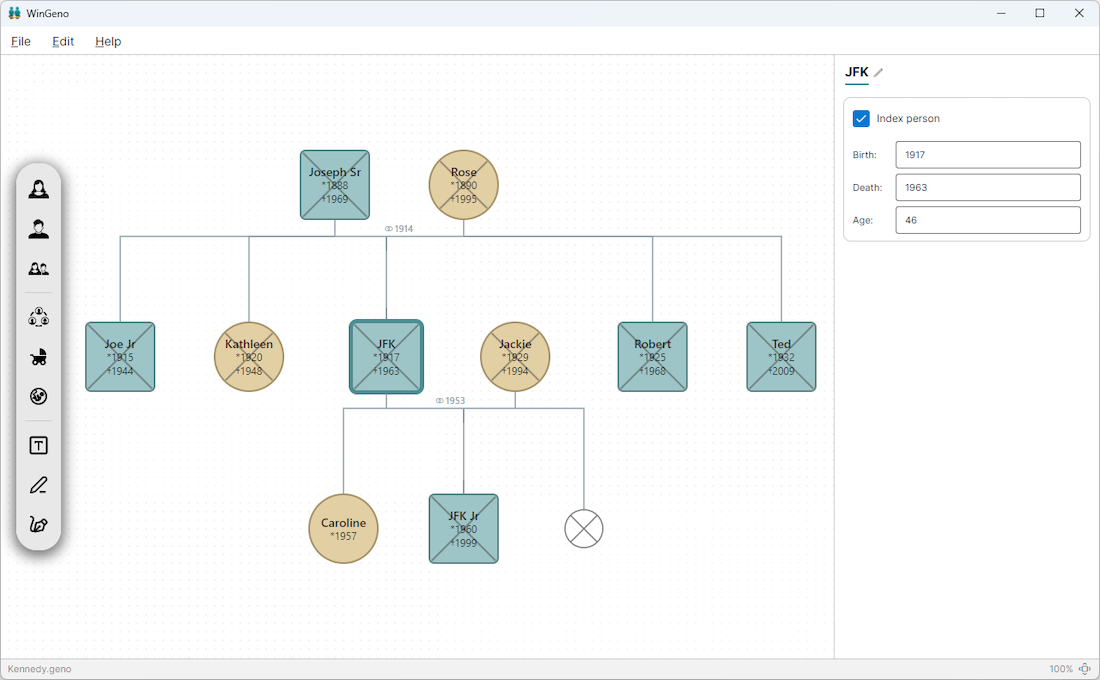 WinGeno application screenshot showing the Kennedy family genogram